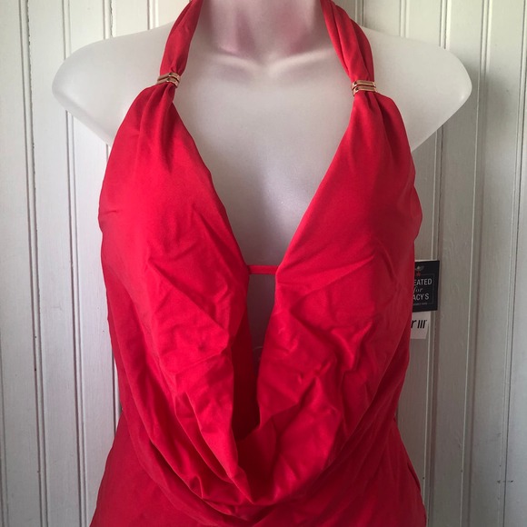 BAR III Retail $98 Paradise Red Plunging Cowlneck Tankini Hipsters XSmall - Picture 2 of 7
